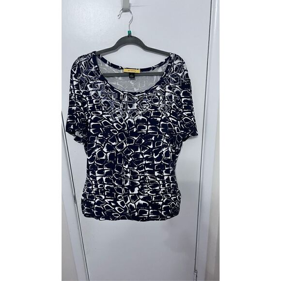 St. John Tops - ST. JOHN PRINTED SCOOP NECK BLACK PRINT RHINESTONE NECKLINE TOP SZ XL